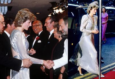 Princess Diana wore a metallic dress with exaggerated shoulders for the 1985 premiere of 'A View to Kill'. Getty Images