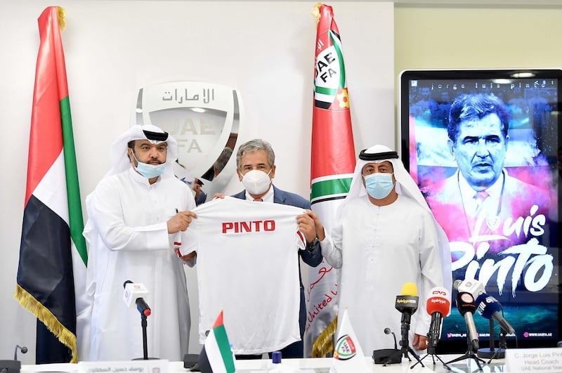 Jorge Luis Pinto, new manager of the UAE national team, during his official press conference. Courtesy UAE FA