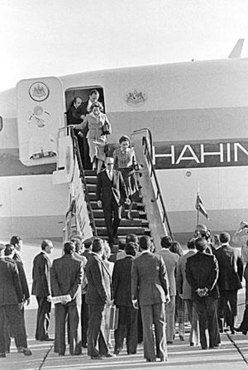 The Shah and empress Farah arrive in Egypt in 1979.