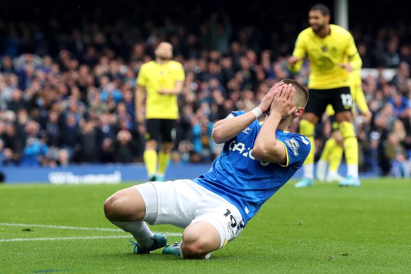 Everton's Vitaliy Mykolenko of Everton after missing a chance. Getty