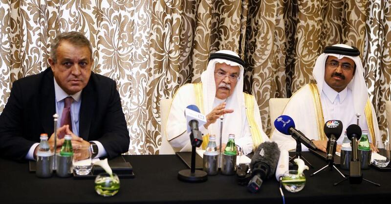 From left: Venezuelan minister of petroleum and mining Eulogio Del Pino, Saudi oil minister Ali Al Naimi and Qatari energy minister Mohammed Saleh Al Sada announce the decision to freeze output at January levels in Doha. EPA