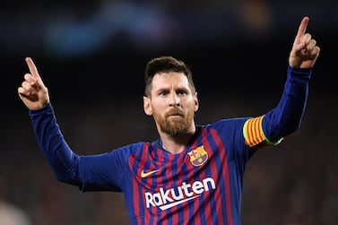 Lionel Messi celebrates his second goal in Barcelona's 3-0 win over Liverpool. Getty 