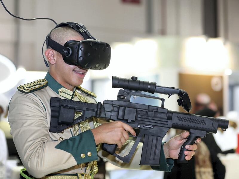 Dubai, United Arab Emirates - October 9th, 2017: Standalone. A visitor tries out a simulation at The Dubai police stand at 37th GITEX technology week. Monday, October 9th, 2017 at World Trade Centre, Dubai. 