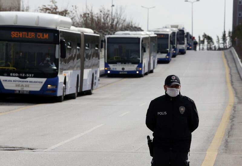 Buses carry Turkish citizens who returned from Saudi Arabia for Umrah pilgrimage, to place in dormitories to prevent the spread of the novel coronavirus COVID-19, as part of quarantine measures, in Ankara, Turkey.  EPA