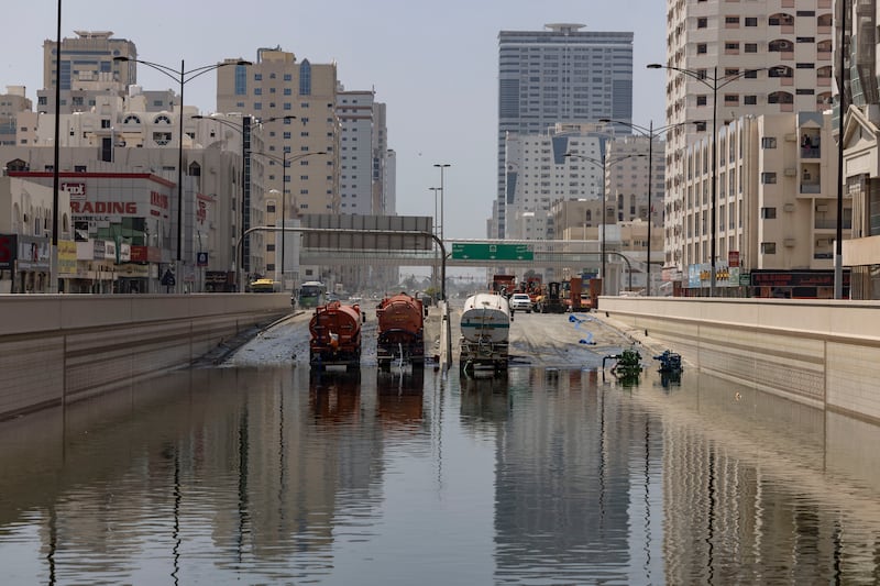 The Abu Shagara neighbourhood in Sharjah. The low-lying city is struggling to clear water from flooded streets more than a week after the storm of April 16. Antonie Robertson / The National