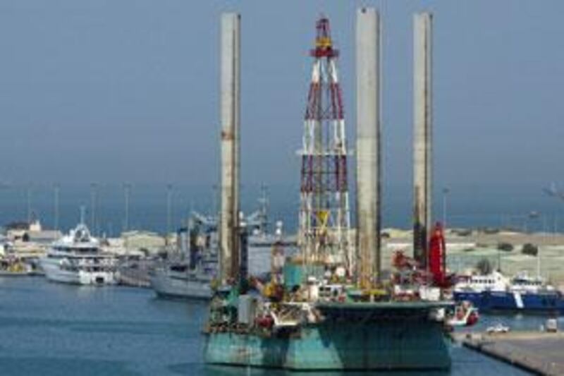 A jack-up oil rig moored in the Port Zayed in Abu Dhabi.