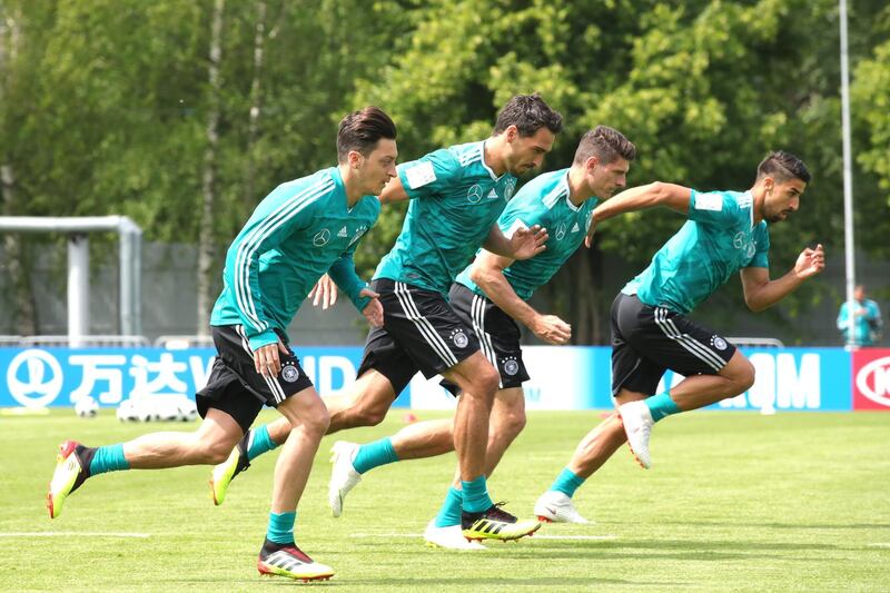 Mesut Oezil of Germany and his team mates train ahead of the 2018 FIFA World Cup at CSKA Sports Base in Moscow, Russia, on June 14, 2018. Alexander Hassenstein / Getty Images