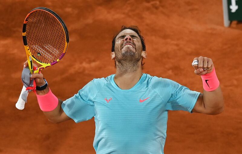 Rafael Nadal celebrates after beating Jannik Sinner of Italy in their French Open quarter-final. Getty