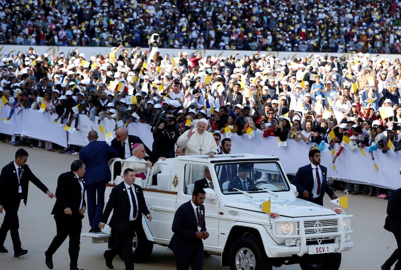 Pope Francis arrives for papal mass at Zayed Sports City in Abu Dhabi in 2019 in a Mercedes G-Wagen. EPA