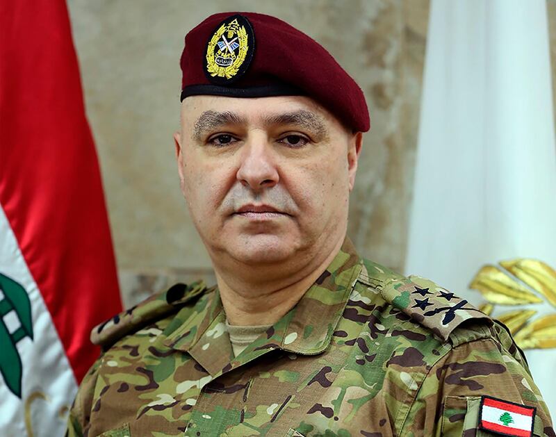 In this undated photo released by the Lebanese Army official website, Lebanese Army Commander Gen. Joseph Aoun poses for a picture, in Beirut, Lebanon. The currency collapse has wiped out the salaries of the U.S.-backed Lebanese military, placed unprecedented pressure on the army's operational capabilities with some of the highest attrition rates over the past two years, and raised concerns about its ability to continue playing a stabilizing role while sectarian tensions and crime are on the rise.(Lebanese Army Website via AP)