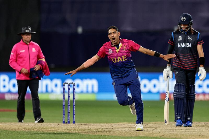 Zahoor Khan celebrates bowling Namibia's Zane Green during the UAE's T20 World Cup victory at Kardinia Park in Geelong on Thursday, October 20, 2022. AFP