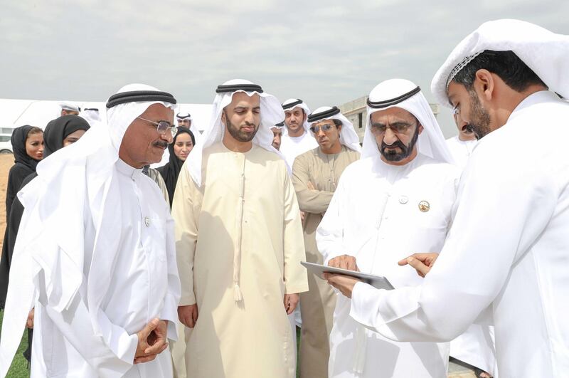 Vice President and Prime Minister of the UAE and Ruler of Dubai His Highness Sheikh Mohammed bin Rashid Al Maktoum reviewed the progress of housing construction and federal roads projects in Ras Al Khaimah. He was accompanied on his visit by Sheikh Mohammed bin Saud bin Saqr Al Qasimi, Crown Prince of Ras Al Khaimah; Lt. General Sheikh Saif bin Zayed Al Nahyan, Deputy Prime Minister and Minister of Interior; Sheikh Mansour bin Zayed Al Nahyan, Deputy Prime Minister and Minister of Presidential Affairs; Mohammad bin Abdullah Al Gergawi, Minister of Cabinet Affairs and The Future; and Dr. Abdullah bin Mohammed Belhaif Al Nuaimi, Minister of Infrastructure Development and Chairman of Sheikh Zayed Housing Programme. Dubai Media Office / Wam