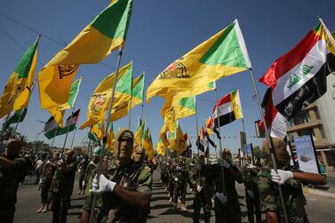 Iraqi Shiite fighters from the Iran-backed armed group Hezbollah Brigades march during a military parade in Baghdad. AFP
