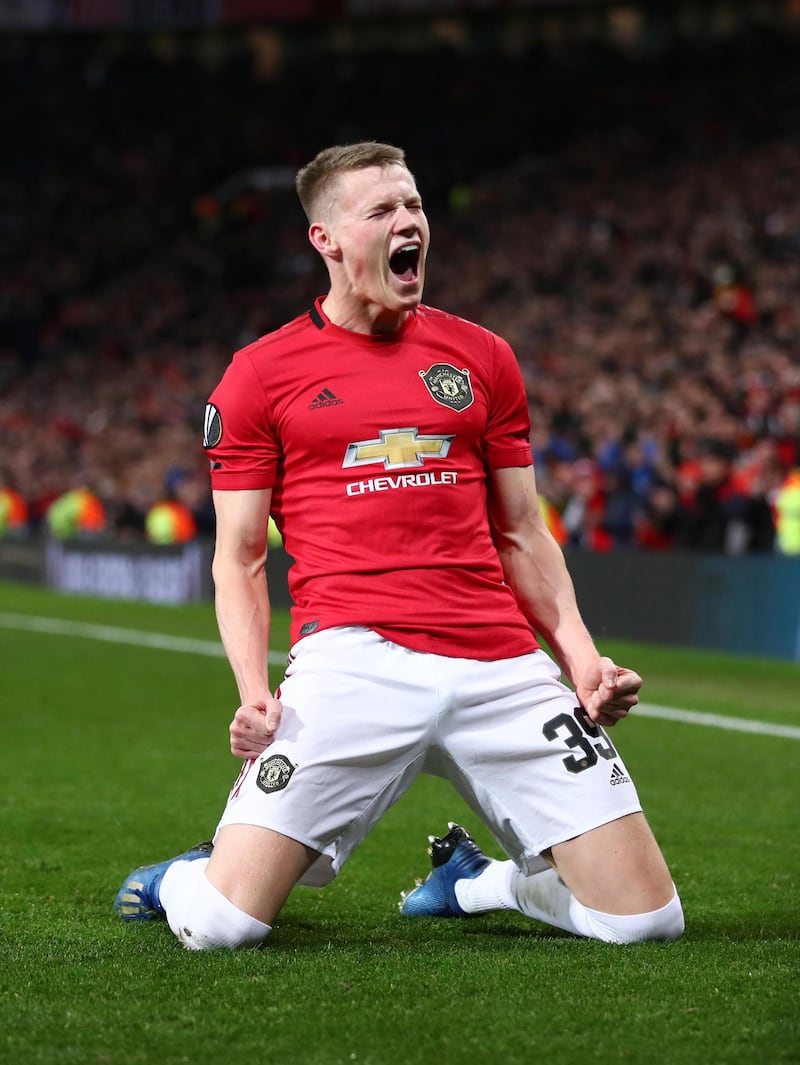 Scott McTominay of Manchester United celebrates after scoring his team's third goal during the Europa League round of 32 second leg match against Club Brugge. Getty Images