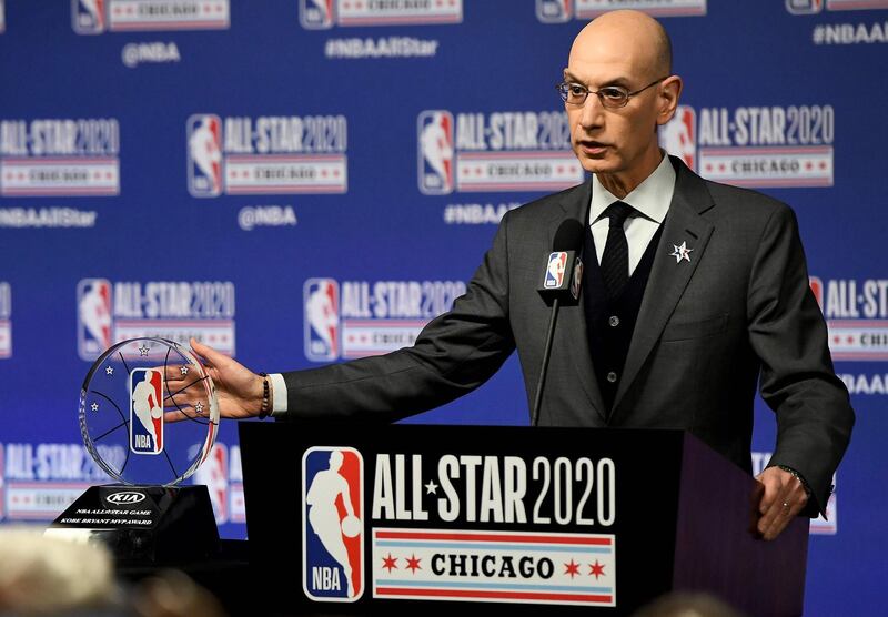 (FILES) In this file photo taken on February 14, 2020 NBA Commissioner Adam Silver speaks to the media during a press conference at the United Center in Chicago, Illinois. On April 6, NBA Commissioner Adam Silver says he thinks it will be at least May before any decision can be made about resumption of the 2019-20 season that was shut down amid the coronavirus pandemic. / AFP / GETTY IMAGES NORTH AMERICA / Stacy Revere
