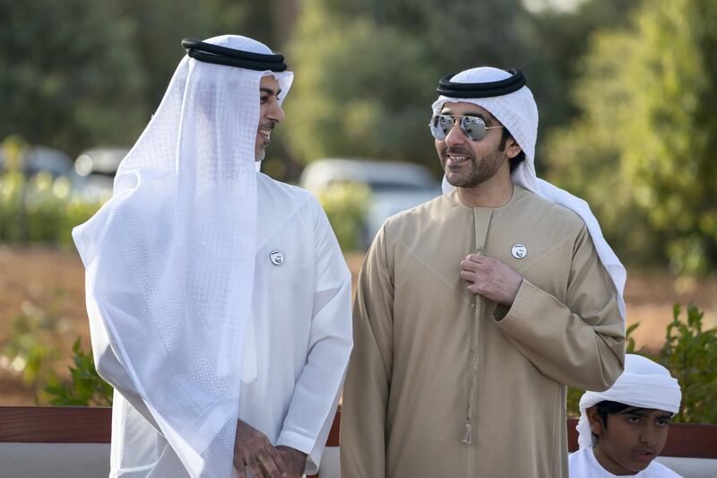 AL AIN, UNITED ARAB EMIRATES - January 20, 2019: HH Sheikh Omar bin Zayed Al Nahyan, Deputy Chairman of the Board of Trustees of Zayed bin Sultan Al Nahyan Charitable and Humanitarian Foundation (L) and HH Sheikh Hazza bin Tahnoon Al Nahyan, Undersecretary to the Ruler's Representative in Al Ain Region (R), attend a barza held at Al Maqam Palace.

( Mohamed Al Hammadi / Ministry of Presidential Affairs )
---