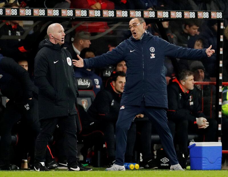 Soccer Football - Premier League - AFC Bournemouth v Chelsea - Vitality Stadium, Bournemouth, Britain - January 30, 2019  Chelsea manager Maurizio Sarri reacts  Action Images via Reuters/John Sibley  EDITORIAL USE ONLY. No use with unauthorized audio, video, data, fixture lists, club/league logos or "live" services. Online in-match use limited to 75 images, no video emulation. No use in betting, games or single club/league/player publications.  Please contact your account representative for further details.