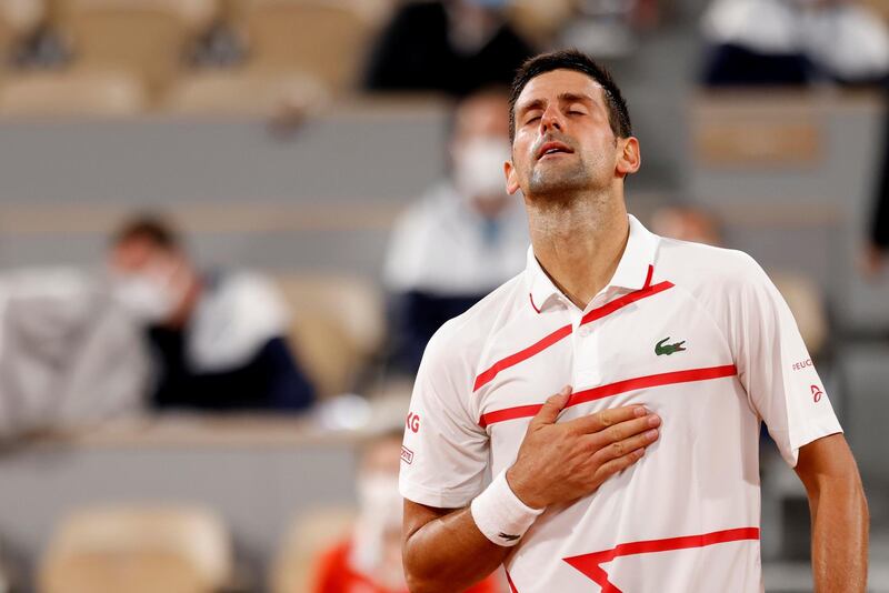 Tennis - French Open - Roland Garros, Paris, France - September 29, 2020  Serbia's Novak Djokovic celebrates winning his first round match against Sweden's Mikael Ymer  REUTERS/Gonzalo Fuentes