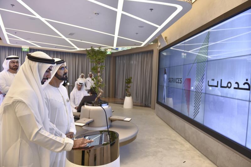 Sheikh Mohammed bin Rashid and Mohammed Gergawi tour the Service 1 centre. The centre has a giant smart touch screen that is the largest in the Middle East. Wam