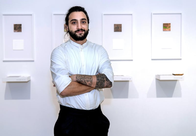 Abu Dhabi, United Arab Emirates, February 15, 2020.  
    STORY BRIEF: Opening of UAEUnlimited exhibition Intimaa: Belonging at the  NYUAD Art Centre.
  --  Majd Alloush (b. 1996) is a Syrian Artist working with copper, embossed Somerset paper.  Liminal Margin, 2020, 11 prints.
Victor Besa / The National
Section:  AC
Reporter:  Alexandra Chaves