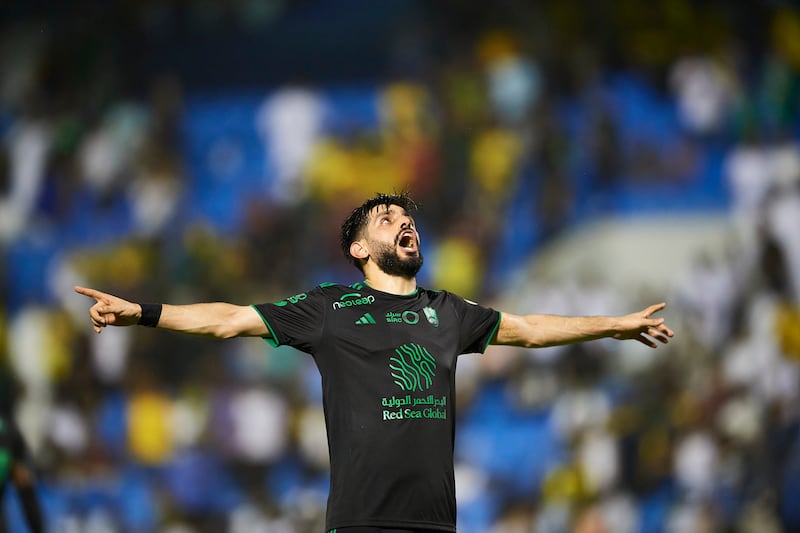 Sumayhan Al Nabit celebrates  after scoring during the Saudi Pro League football match between Al Khaleej and Al Ahli. Getty