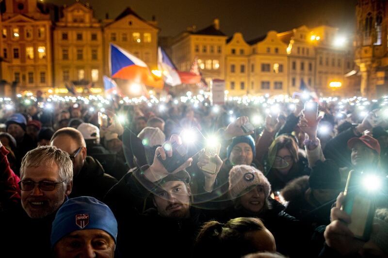 People attend the final presidential election campaign event of Czech presidential candidate Petr Pavel (not pictured), former chairman of the NATO Military Committee and former Chief of General Staff of the Czech Army at the Old Town Square in Prague, Czech Republic.  Pavel will face former Czech prime minister Babis in the second round of the country's presidential election, scheduled to take place on 27 and 28 January 2023.   EPA