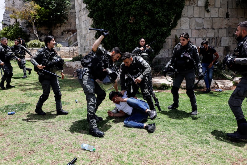 Israeli border police detain a Palestinian man during the confrontations in Jerusalem's Old City. Reuters