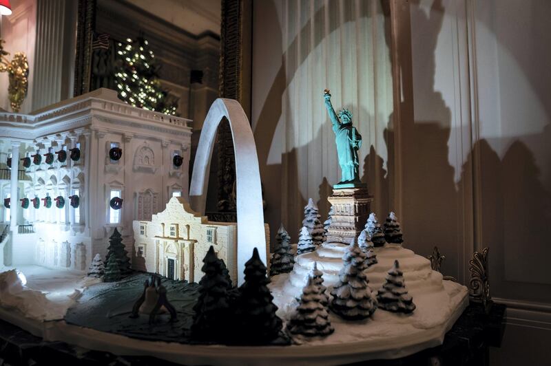 WASHINGTON, DC - DECEMBER 2 : Gingerbread house featuring the White House and landmarks from across the country are seen in the State Dining Room at the White House on Monday, Dec 02, 2019 in Washington, DC. "This year's theme, The Spirit of America, is a tribute to the traditions, customs, and history that make our Nation great. Designed by First Lady Melania Trump, the White House decorations celebrate the courageous individuals who have shaped our country and kept the American spirit alive." (Photo by Jabin Botsford/The Washington Post via Getty Images)