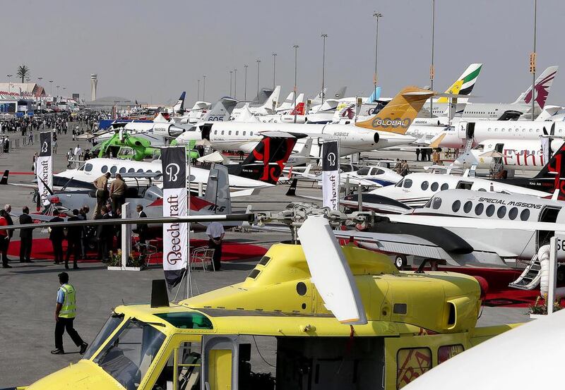 A host of different aircraft were on display at the Dubai Airshow at Al Maktoum International Airport. Pawan Singh / The National