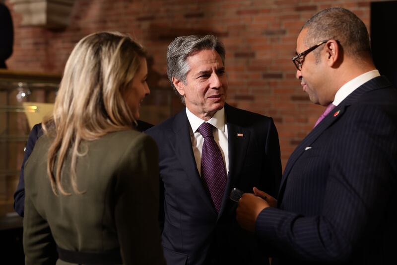 Canadian Foreign Minister Melanie Joly, US Secretary of State Antony Blinken and British Foreign Secretary James Cleverly chat after the G7 working session. Getty Images