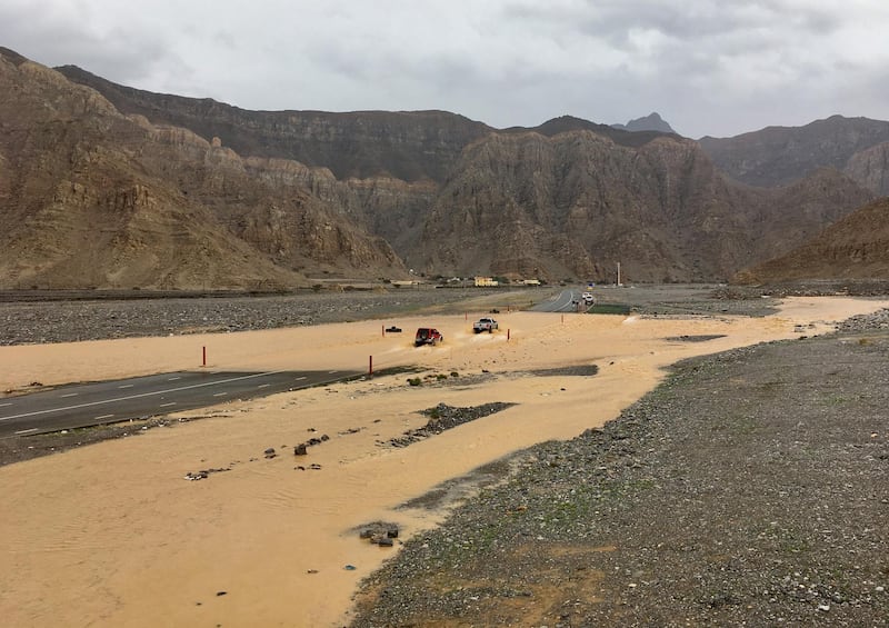 Heavy rain caused multiple wadis to flood in the Jebel Jais area of Ras al Khaimah March 24, 2017. Photo by Jeff Topping *** Local Caption ***  Rak Rain02.jpg