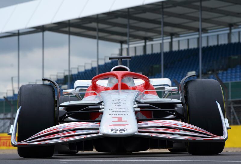 A model of the 2022 F1 car revealed during'"F1 One Begins' event at the Silverstone circuit.
