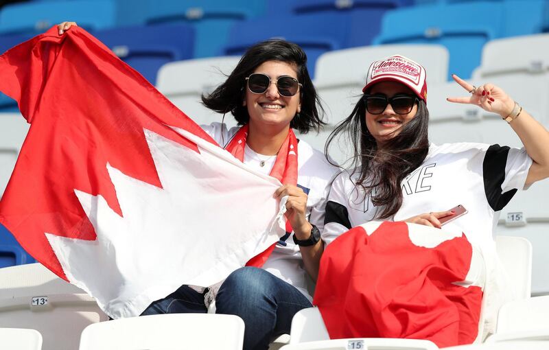 Dubai, United Arab Emirates - January 10, 2019: Bahrain fans at the game between Bahrain and Thailand in the Asian Cup 2019. Thursday, January 10th, 2019 at Al Maktoum Stadium, Abu Dhabi. Chris Whiteoak/The National