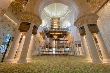 The carpets and marble in the main hall, side halls and the VIP Majlis are carefully shielded during maintenance work at the Sheikh Zayed Grand Mosque. Courtesy Sheikh Zayed Grand Mosque Centre