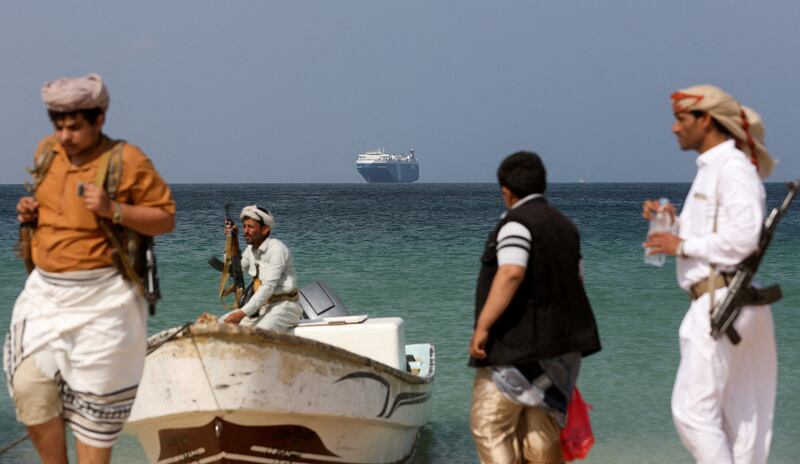 The Galaxy Leader commercial ship seized by Yemen's Houthi rebels last month is anchored off Al Salif port. Reuters