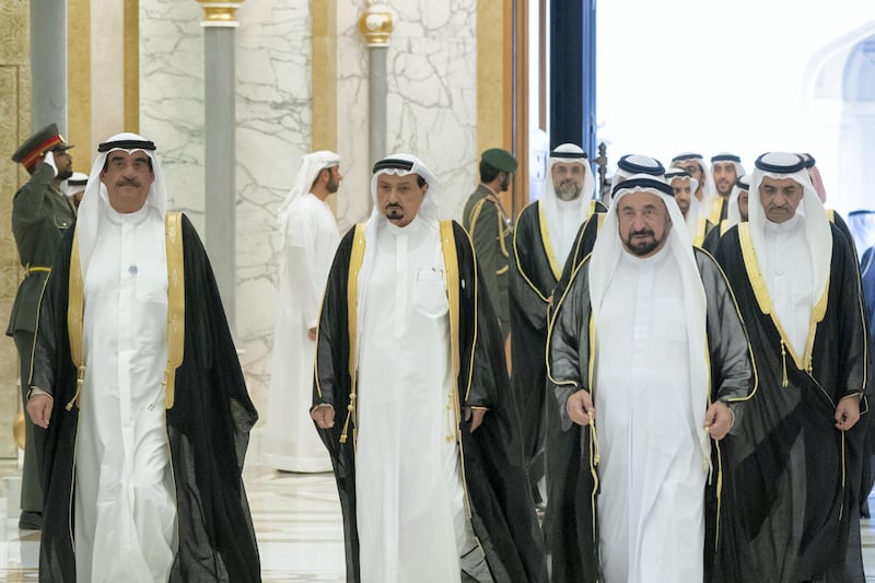 ABU DHABI, UNITED ARAB EMIRATES - December 02, 2018: (L-R) HH Sheikh Saud bin Rashid Al Mu'alla, UAE Supreme Council Member and Ruler of Umm Al Quwain, HH Sheikh Humaid bin Rashid Al Nuaimi, UAE Supreme Council Member and Ruler of Ajman, HH Dr Sheikh Sultan bin Mohamed Al Qasimi, UAE Supreme Council Member and Ruler of Sharjah and HH Sheikh Hamad bin Mohamed Al Sharqi, UAE Supreme Council Member and Ruler of Fujairah, attend a reception hosted by HH Sheikh Mohamed bin Rashid Al Maktoum, Vice-President, Prime Minister of the UAE, Ruler of Dubai and Minister of Defence (not shown) and HH Sheikh Mohamed bin Zayed Al Nahyan, Crown Prince of Abu Dhabi and Deputy Supreme Commander of the UAE Armed Forces (not shown), at the Presidential Palace.

( Rashed Al Mansoori / Ministry of Presidential Affairs )
---