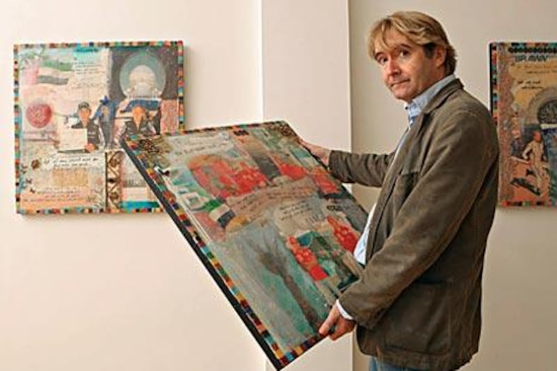 The artist Mark Dickens with the Ferrari panel at a preview of his Abu Dhabi Series at the Waterhouse and Dodd Gallery in London.