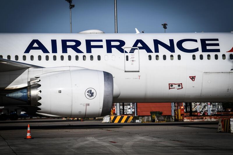 This picture taken on April 30, 2020, shows an Air France plane parked on the tarmac at Paris Charles de Gaulle Airport in Roissy, on the 45rd day of the novel coronavirus COVID-19. / AFP / BERTRAND GUAY
