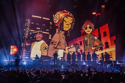 LONDON, ENGLAND - DECEMBER 04: Gorillaz with Damon Albarn perform live on stage at The O2 Arena on December 4, 2017 in London, England. (Photo by Brian Rasic/WireImage/Getty Images)