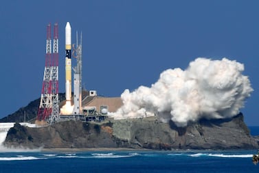 KhalifaSat is launched from Tanegashima Island in Japan in October 2018. Nozomi Endo / Kyodo News via AP