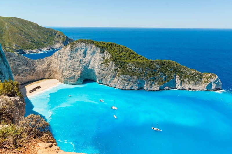 High angle view of Shipwreck beach (Navagio) ��n Zakynthos Greece ��n a beautiful summer day, Europe. Getty Images