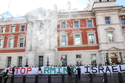 Demonstrators outside the Department for Business and Trade in London demand an end to arm sales to Israel. Reuters