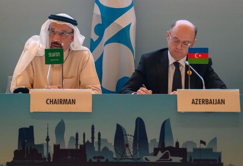 Azerbaijan's energy minister Parviz Shahbazov, right, and Saudi Arabia's Minister of Energy Khalid Al Falih attend a press conference at the end of the 13th meeting of the Joint Ministerial Monitoring Committee of Opec and non-Opec countries in Baku.  AFP