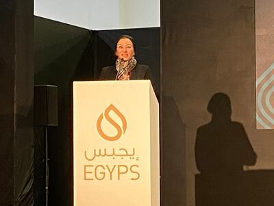Yasmine Fouad, Egypt’s environment minister, spoke at the fifth Egypt Petroleum Show in Cairo on Tuesday. Nada El Sawy / The National 