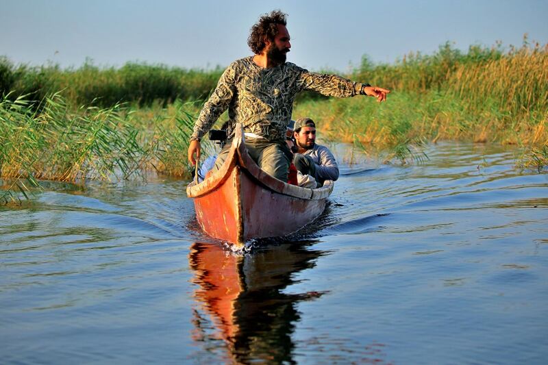 Environmentalist Omar al-Sheikhly leads a team into the marshes in search of endangered animals, in Chibayish, Iraq, Saturday, May, 1, 2021. Deep within Iraq's celebrated marsh lands, conservationists are sounding alarm bells and issuing a stark warning: Without quick action, the UNESCO protected site could all but wither away. (AP Photo/Anmar Khalil)