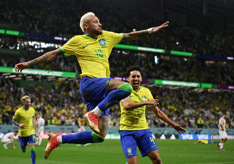 Neymar celebrates with Marquinhos after scoring for Brazil against Croatia in the World Cup quarter-final in Qatar in 2022. Reuters