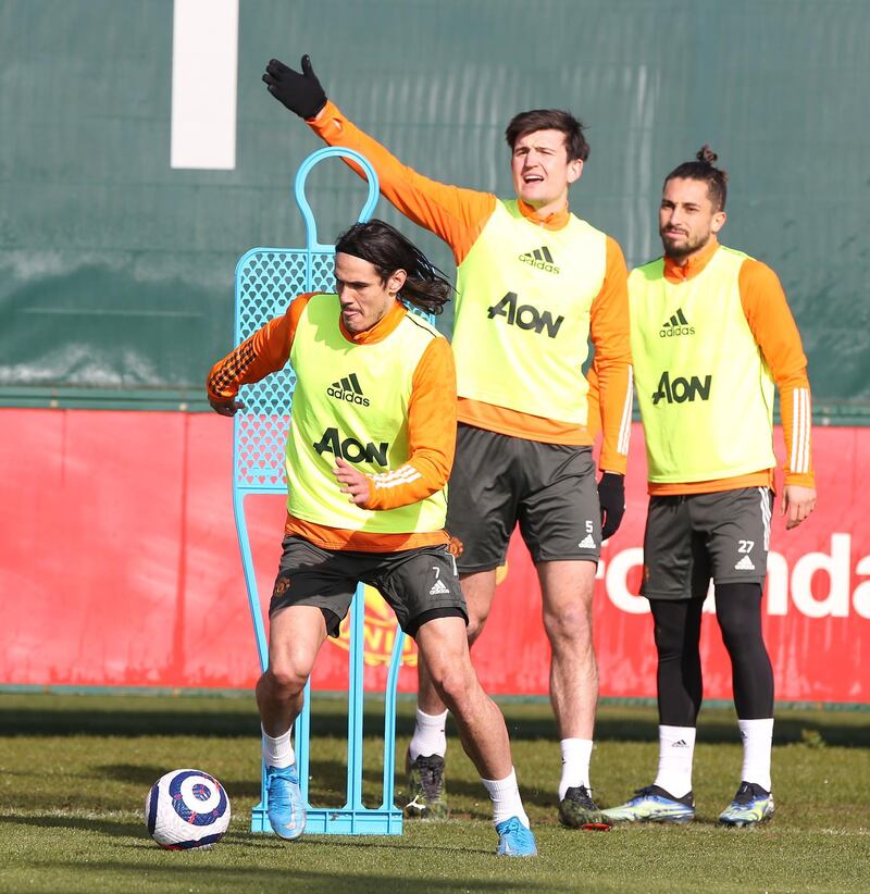 MANCHESTER, ENGLAND - MARCH 02: (EXCLUSIVE COVERAGE)  Edinson Cavani of Manchester United in action during a first team training session at Aon Training Complex on March 02, 2021 in Manchester, England. (Photo by Matthew Peters/Manchester United via Getty Images)