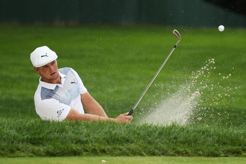 RIDGEWOOD, NJ - AUGUST 26: Bryson DeChambeau of the United States plays a shot from a bunker on the tenth hole during the final round of The Northern Trust on August 26, 2018 at the Ridgewood Championship Course in Ridgewood, New Jersey.   Gregory Shamus/Getty Images/AFP
== FOR NEWSPAPERS, INTERNET, TELCOS & TELEVISION USE ONLY ==
