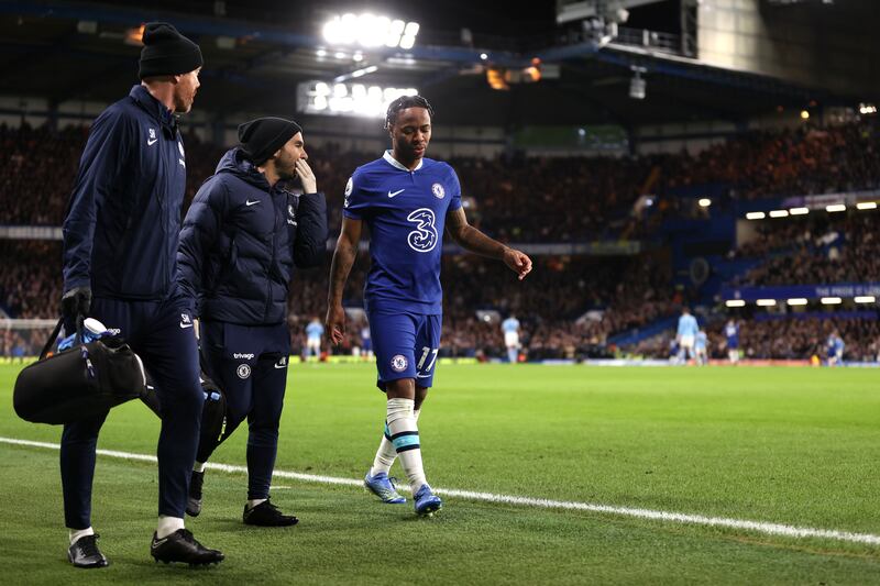 Raheem Sterling of Chelsea leaves the field after picking up an injury. Getty 