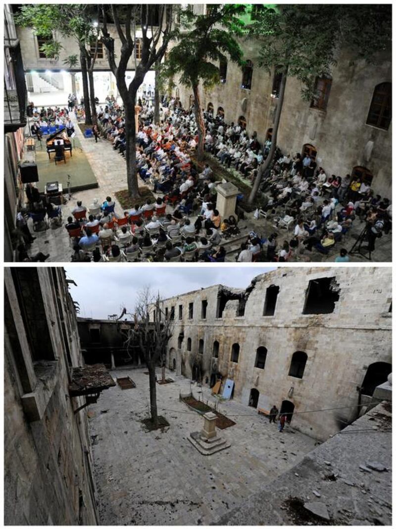 The Al Sheebani school courtyard before it was damaged on June 6, 2009, top, and on December 17, 2016. Omar Sanadiki / Reuters